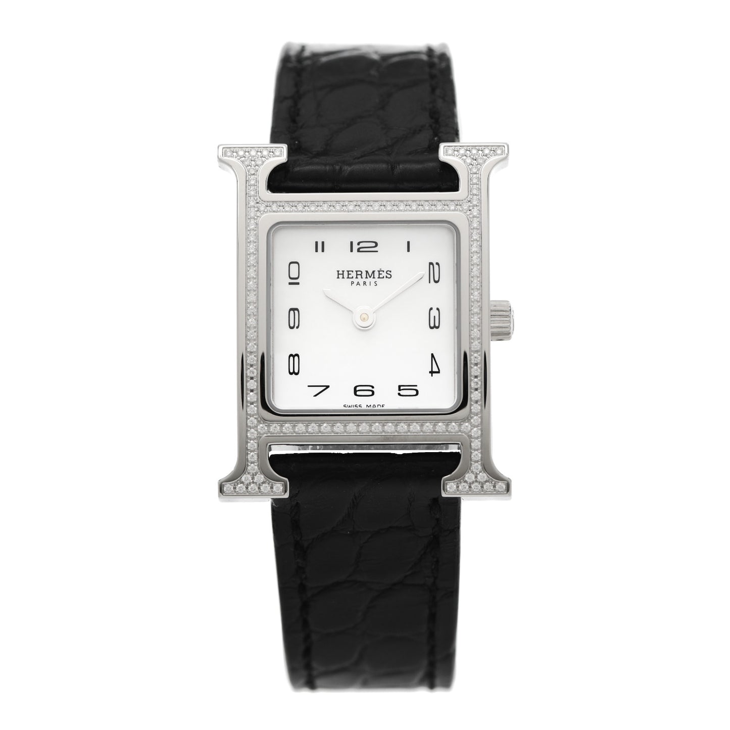 Stainless Steel Alligator Diamond Bezel Mother of Pearl 21mm Heure H Hour Quartz Watch Noir
