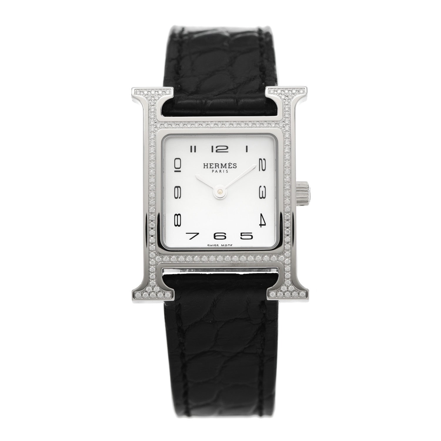 Hermes Stainless Steel Alligator Diamond Bezel Mother of Pearl 21mm Heure H Hour Quartz Watch Noir 1 of 5