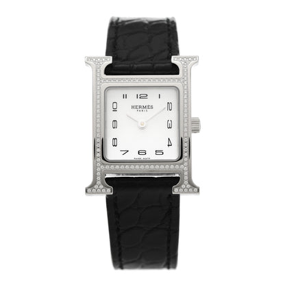 Hermes Stainless Steel Alligator Diamond Bezel Mother of Pearl 21mm Heure H Hour Quartz Watch Noir 1 of 5