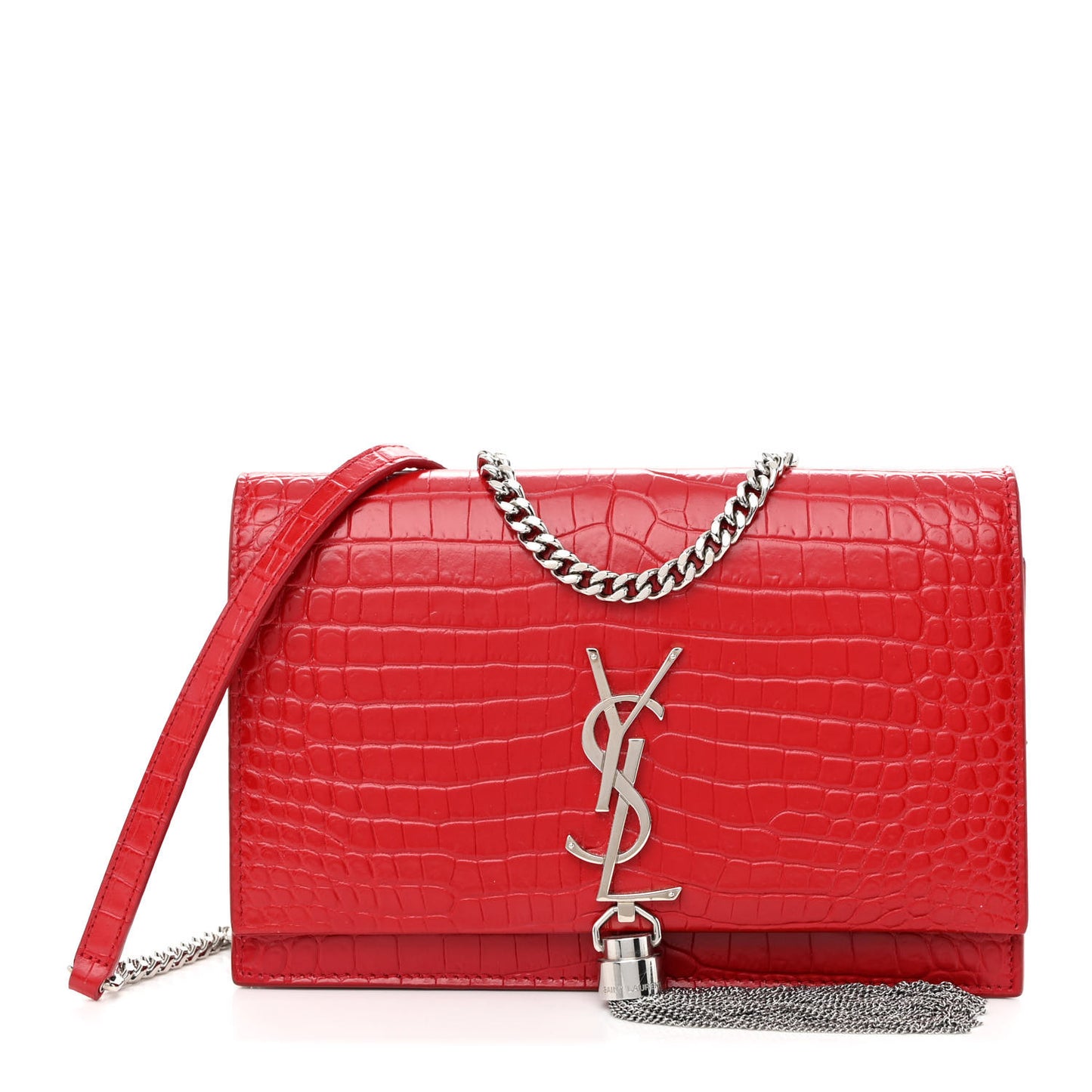 Calfskin Crocodile Embossed Kate Monogram Tassel Chain Wallet Red