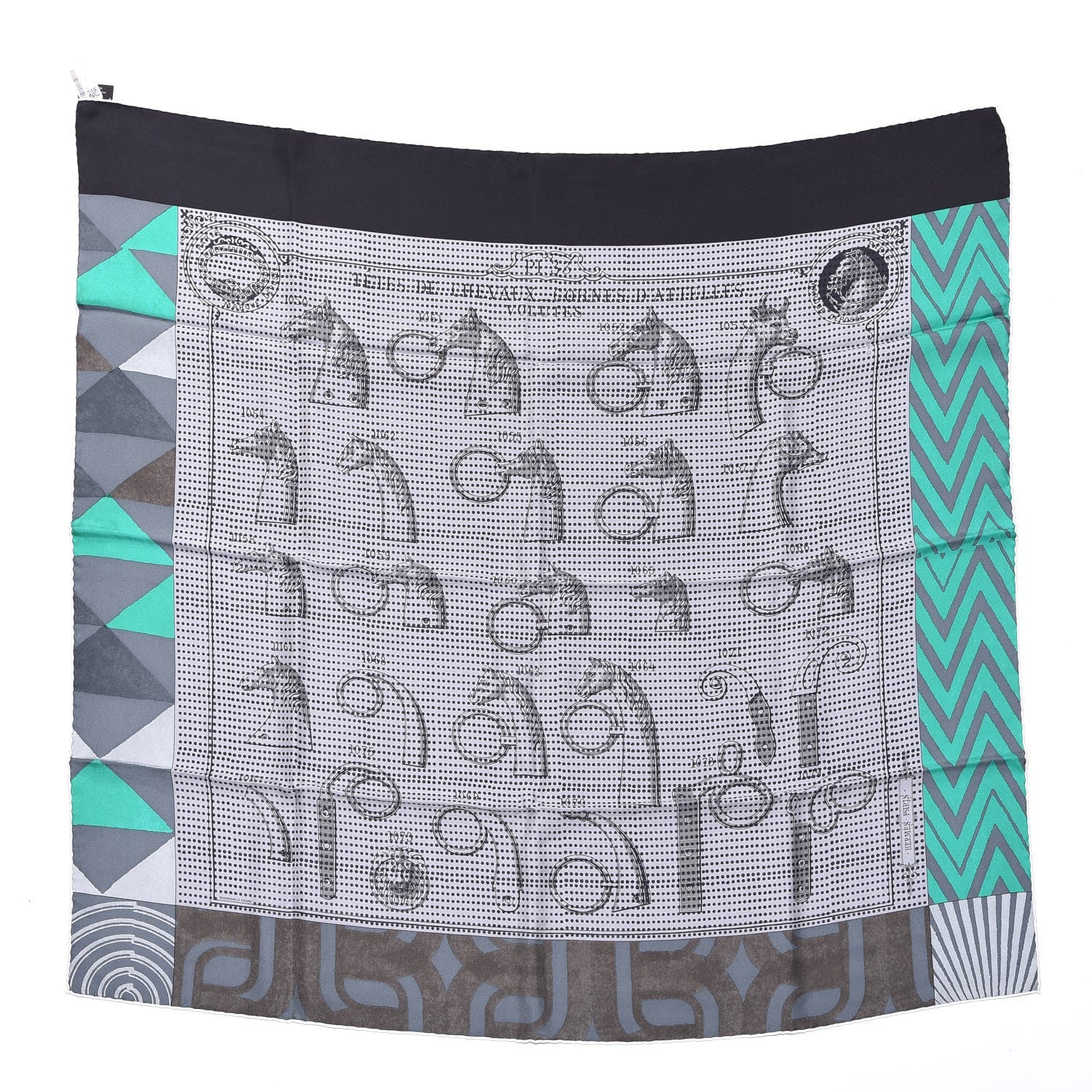 Hermes Silk Manufacture de Boucleries Scarf 90 Gris Noir Menthol 1 of 8