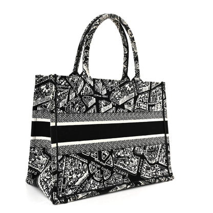 Christian Dior Canvas Embroidered Medium Plan De Paris Book Tote Black White 3 of 12
