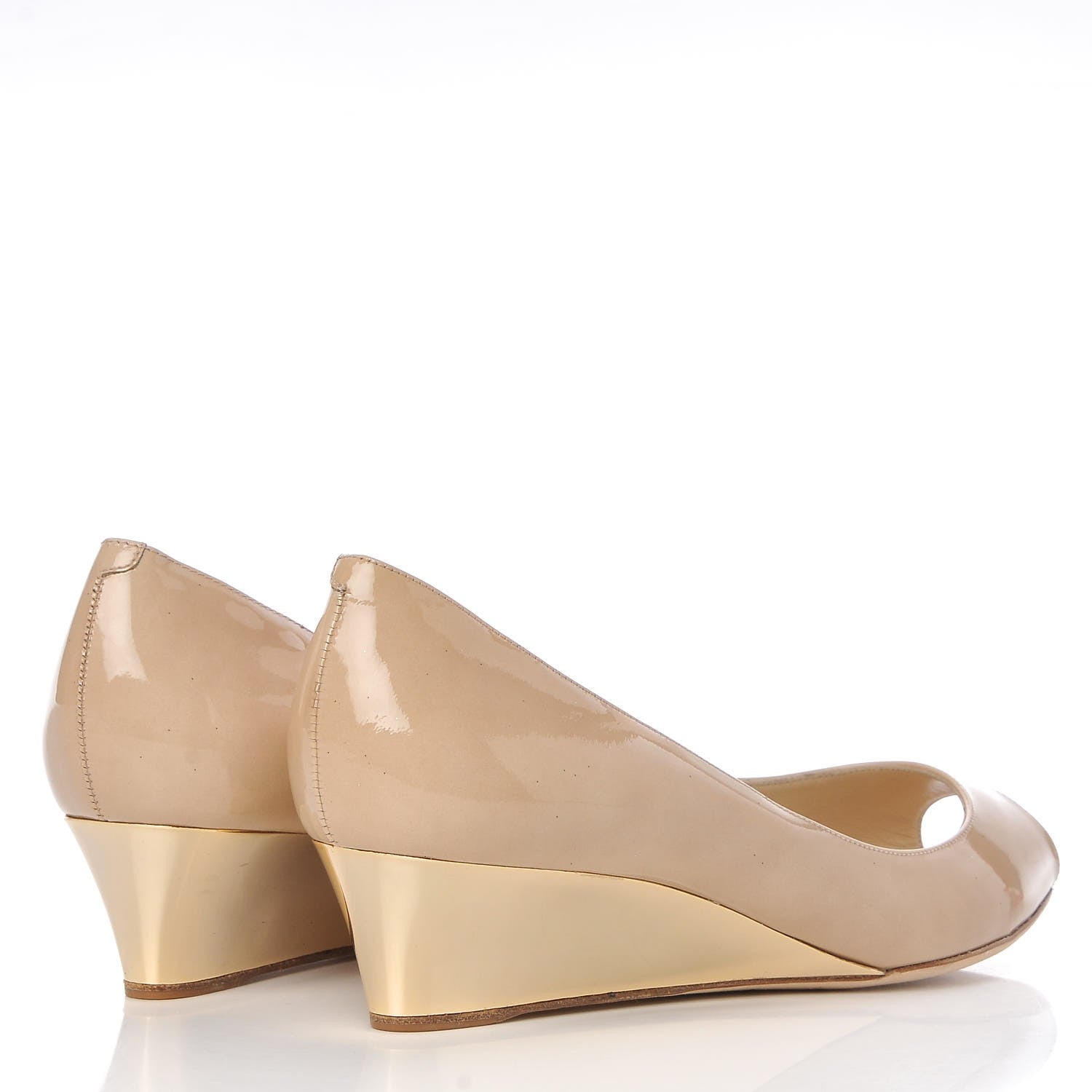 Jimmy Choo Patent Bergen Peep Toe Low Wedge Pumps 38.5 Beige 4 of 12