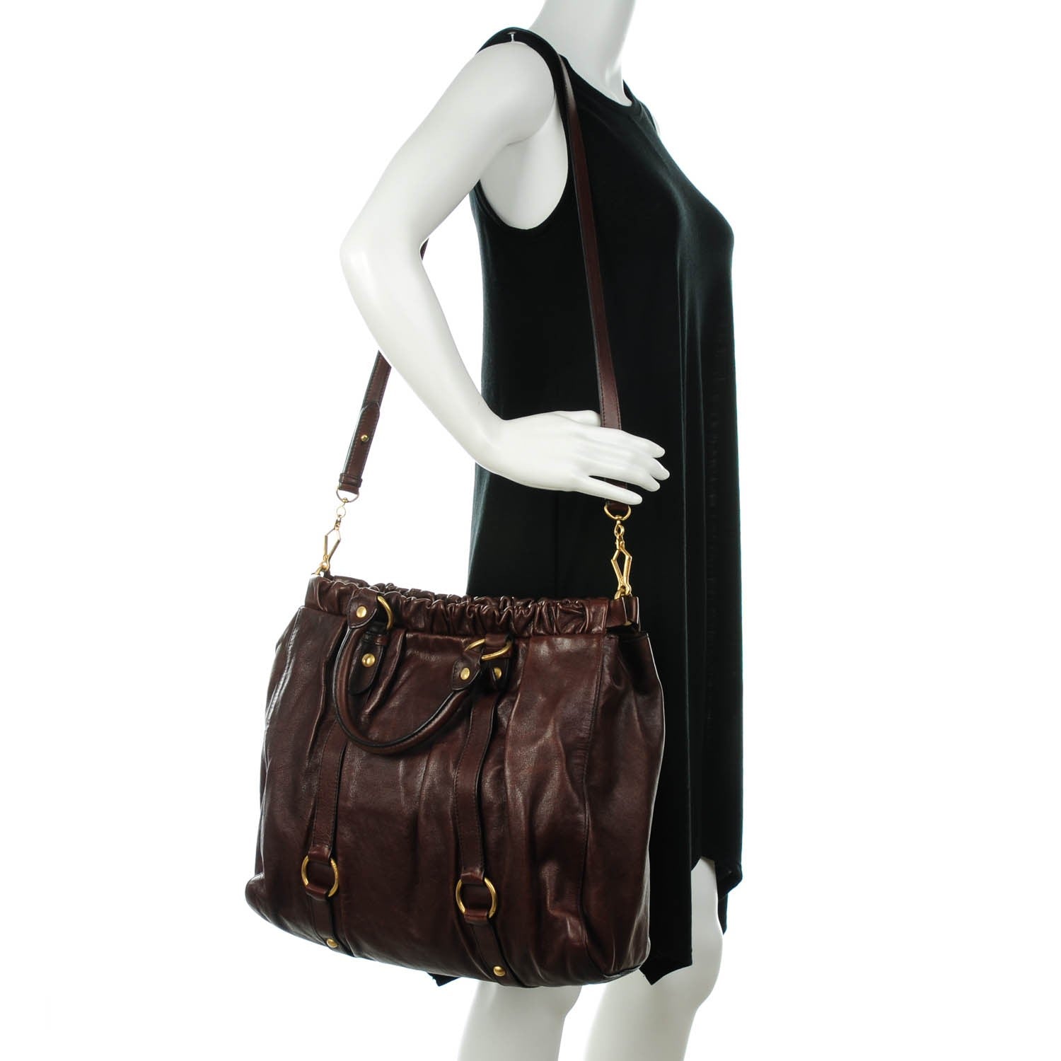 Miu Miu Vitello Lux Gathered Shopper Tote Brown 2 of 7