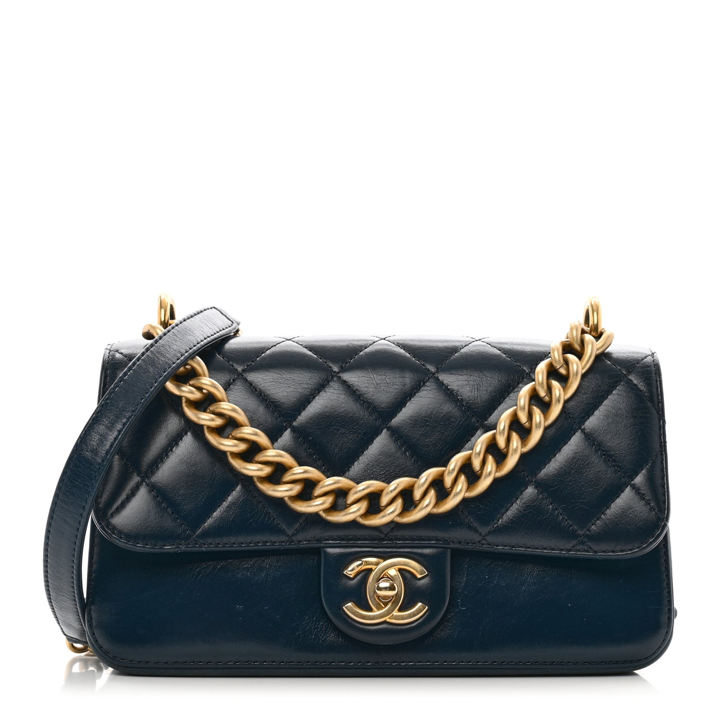 Glazed Calfskin Quilted Small Straight Lined Flap Blue