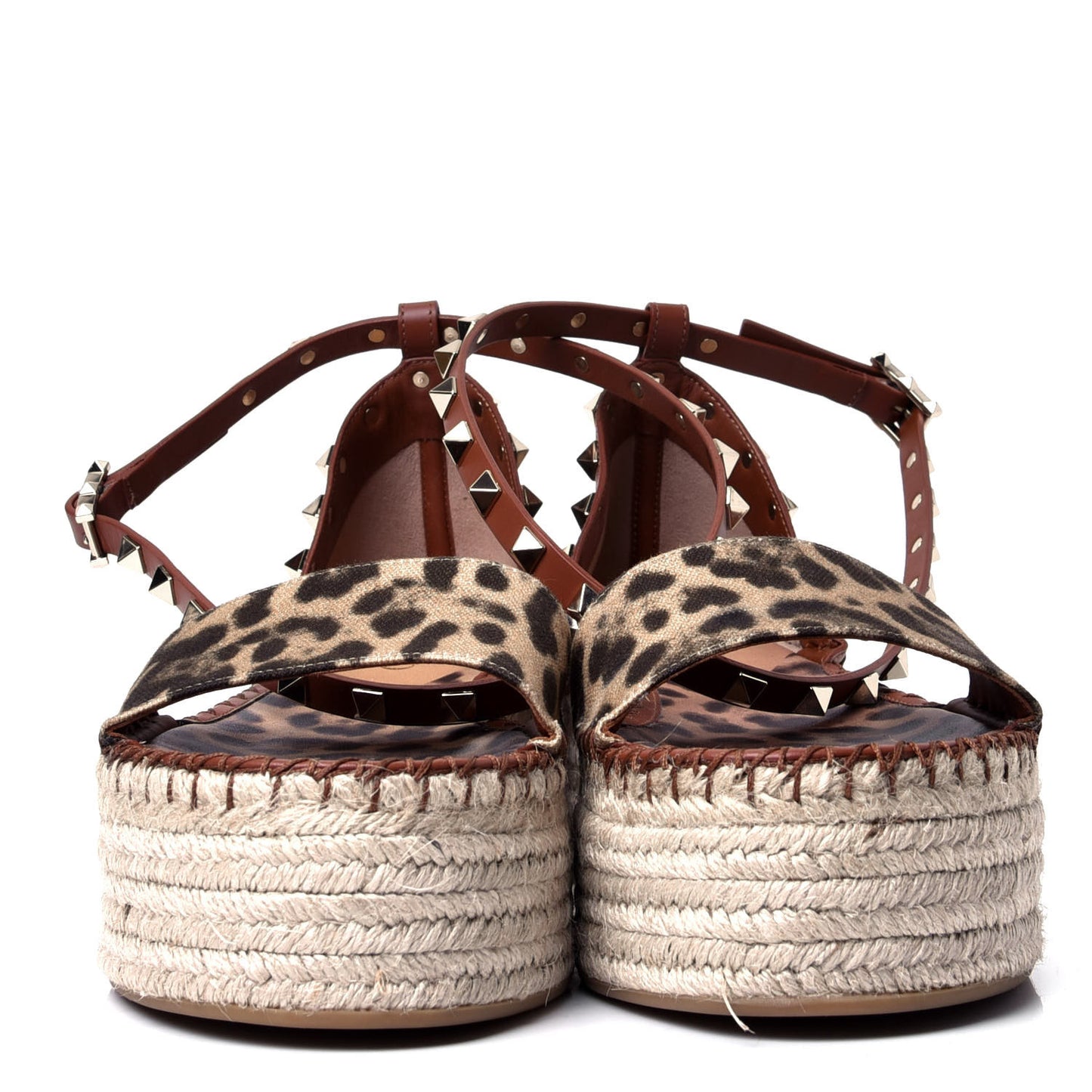Canvas Leopard Print Rockstud Ankle Wrap Espadrille Flatform Sandals 39 Brown