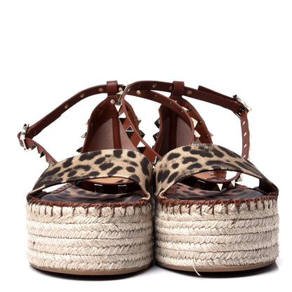 Valentino Garavani Canvas Leopard Print Rockstud Ankle Wrap Espadrille Flatform Sandals 39 Brown 2 of 6