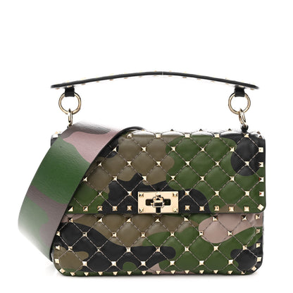 Valentino Garavani Nappa Camouflage Medium Rockstud Spike Shoulder Bag Verde Rouge 1 of 10