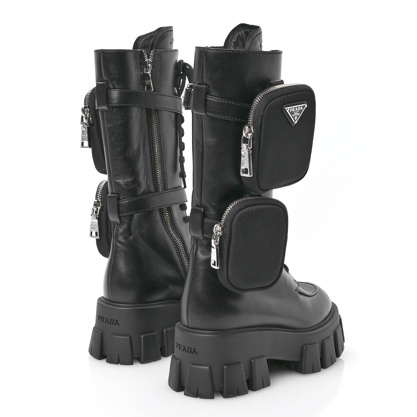 Vitello Lux Nylon Metal Triangle Logo Monolith Pouch Pocket 55mm Tall Combat Boots 35 Black