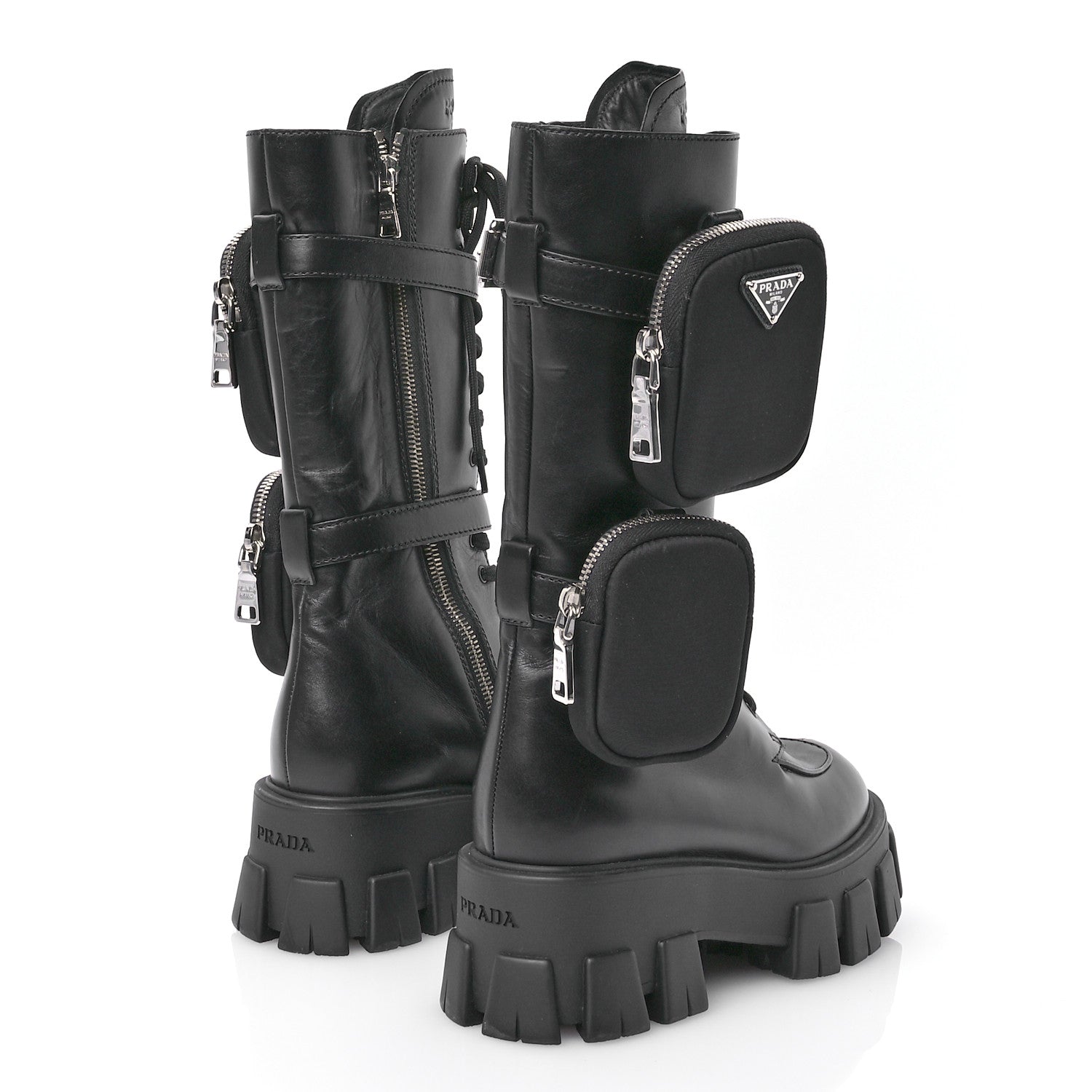 Prada Vitello Lux Nylon Metal Triangle Logo Monolith Pouch Pocket 55mm Tall Combat Boots 35 Black 4 of 7