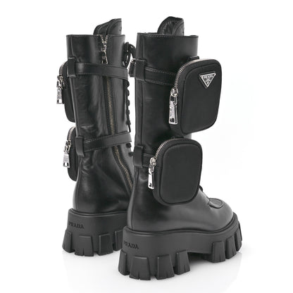 Prada Vitello Lux Nylon Metal Triangle Logo Monolith Pouch Pocket 55mm Tall Combat Boots 35 Black 4 of 7