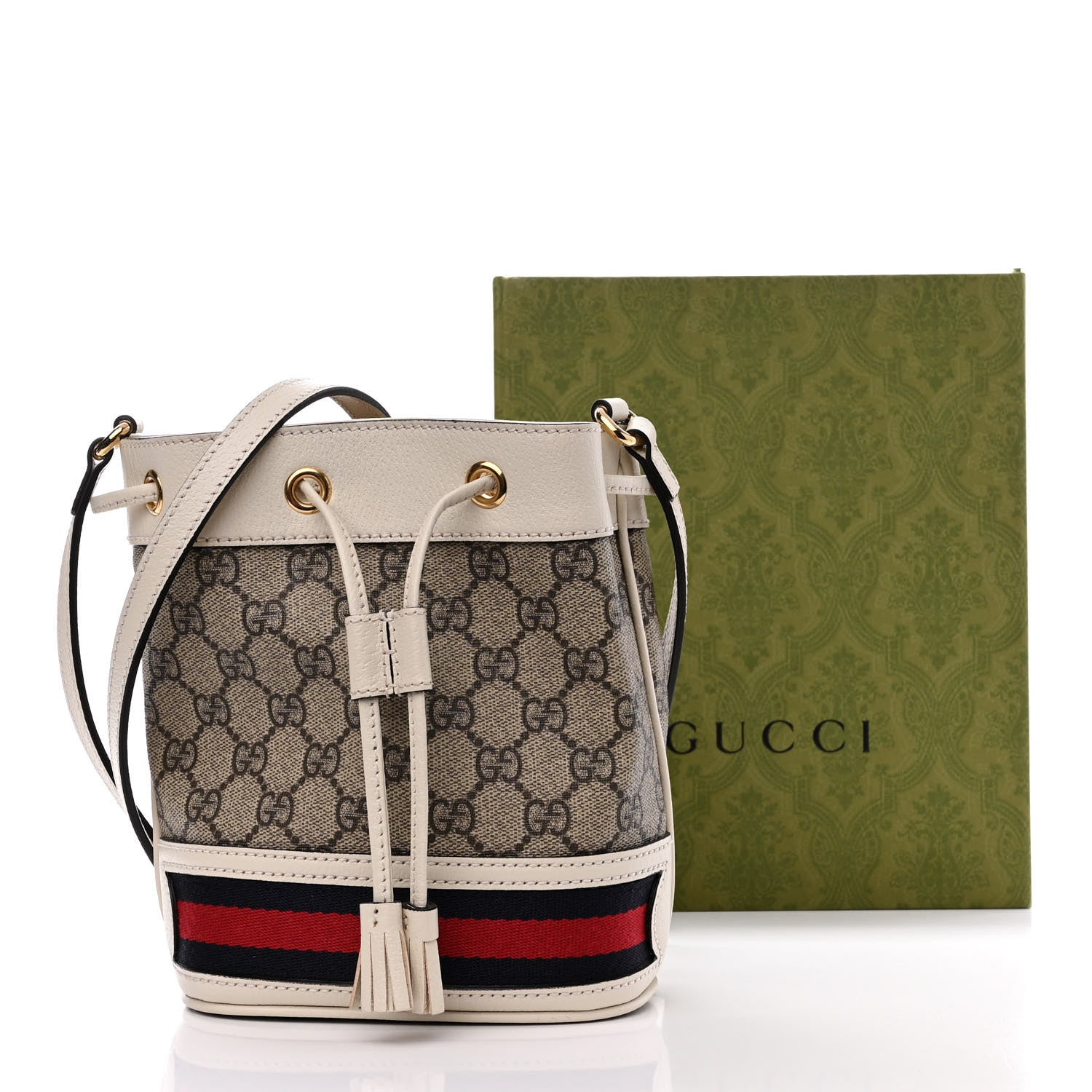 Gucci GG Supreme Monogram Textured Calfskin Web Mini Ophidia Bucket Bag Beige Ebony Mystic White 11 of 11