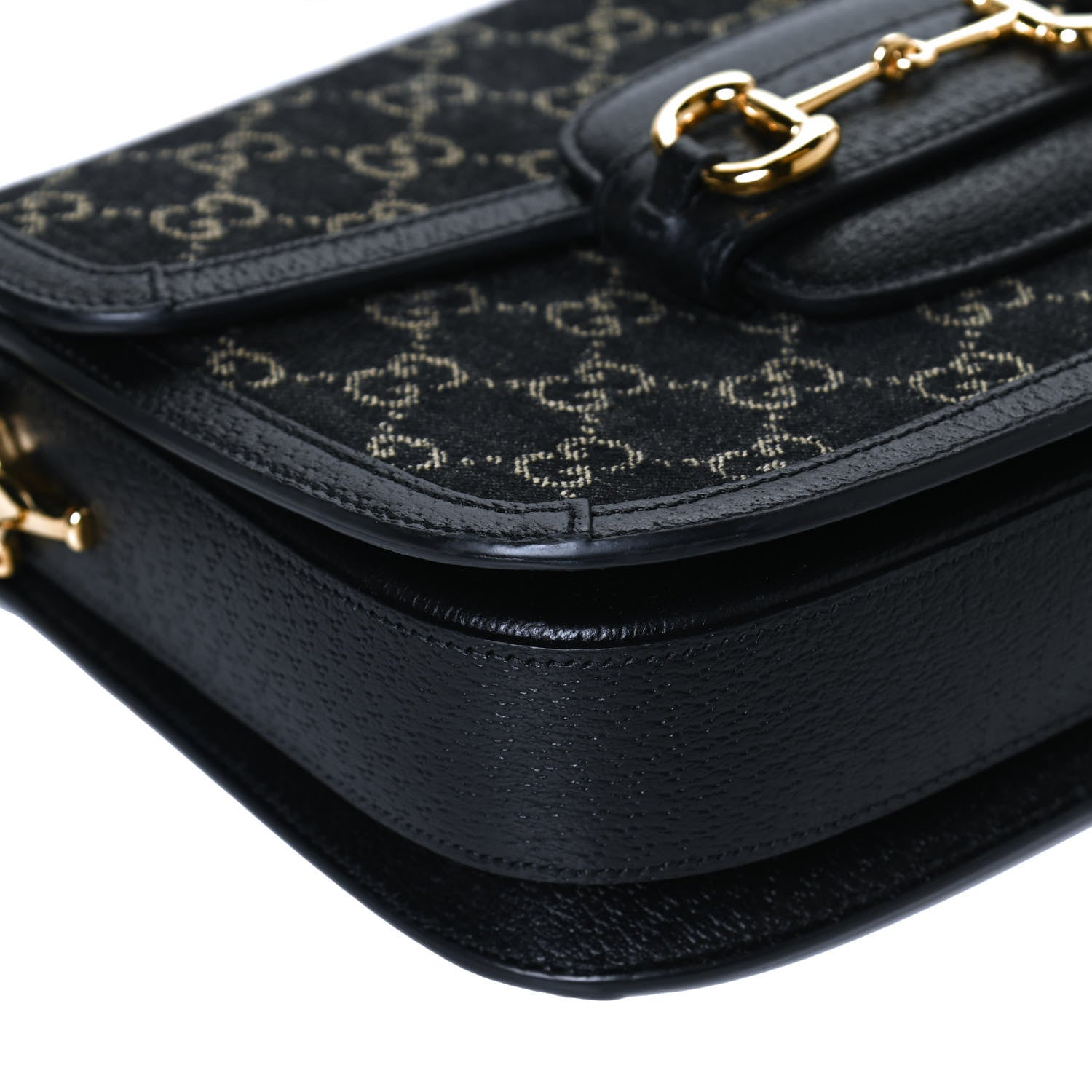 Gucci Jacquard Black Denim GG Monogram Textured Dollar Calfskin Horsebit 1955 Shoulder Bag Black Ivory 13 of 14