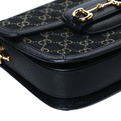 Gucci Jacquard Black Denim GG Monogram Textured Dollar Calfskin Horsebit 1955 Shoulder Bag Black Ivory 13 of 14