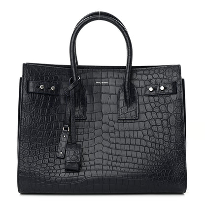 Saint Laurent Calfskin Crocodile Embossed Small Supple Sac de Jour Navy 1 of 10