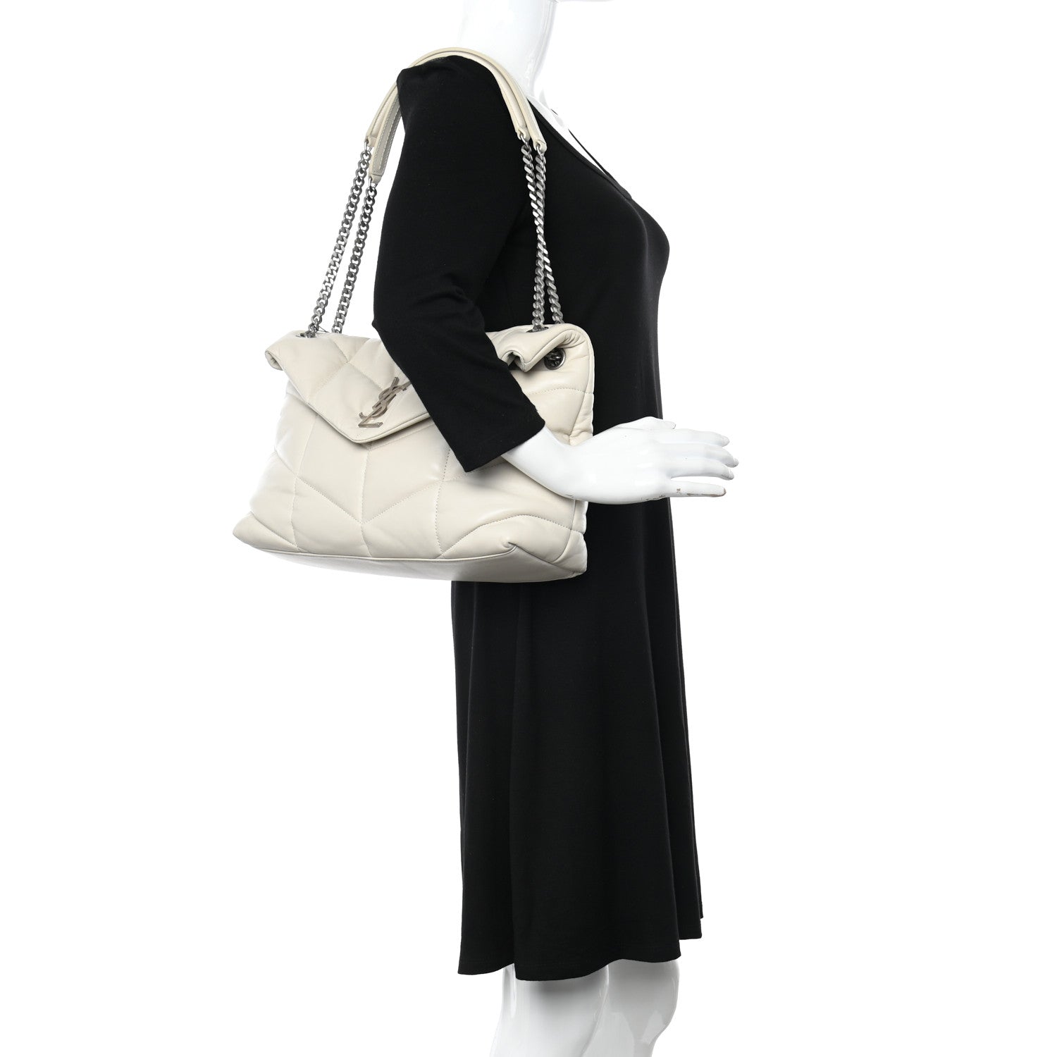 Saint Laurent Lambskin Quilted Medium Loulou Puffer Monogram Chain Satchel Crema Soft 2 of 9