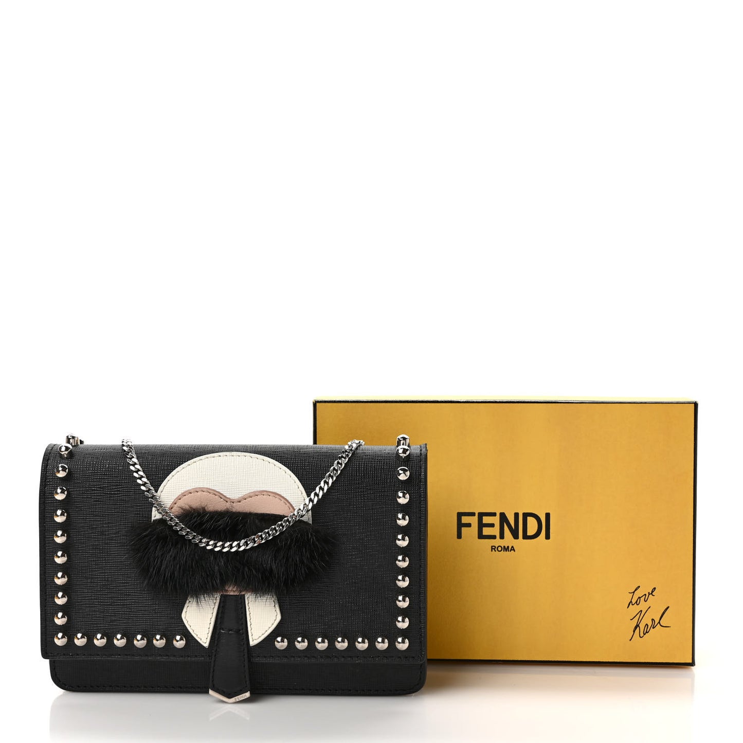 Vitello Elite Mink Fur Studded Karlito Tube Wallet on Chain Black