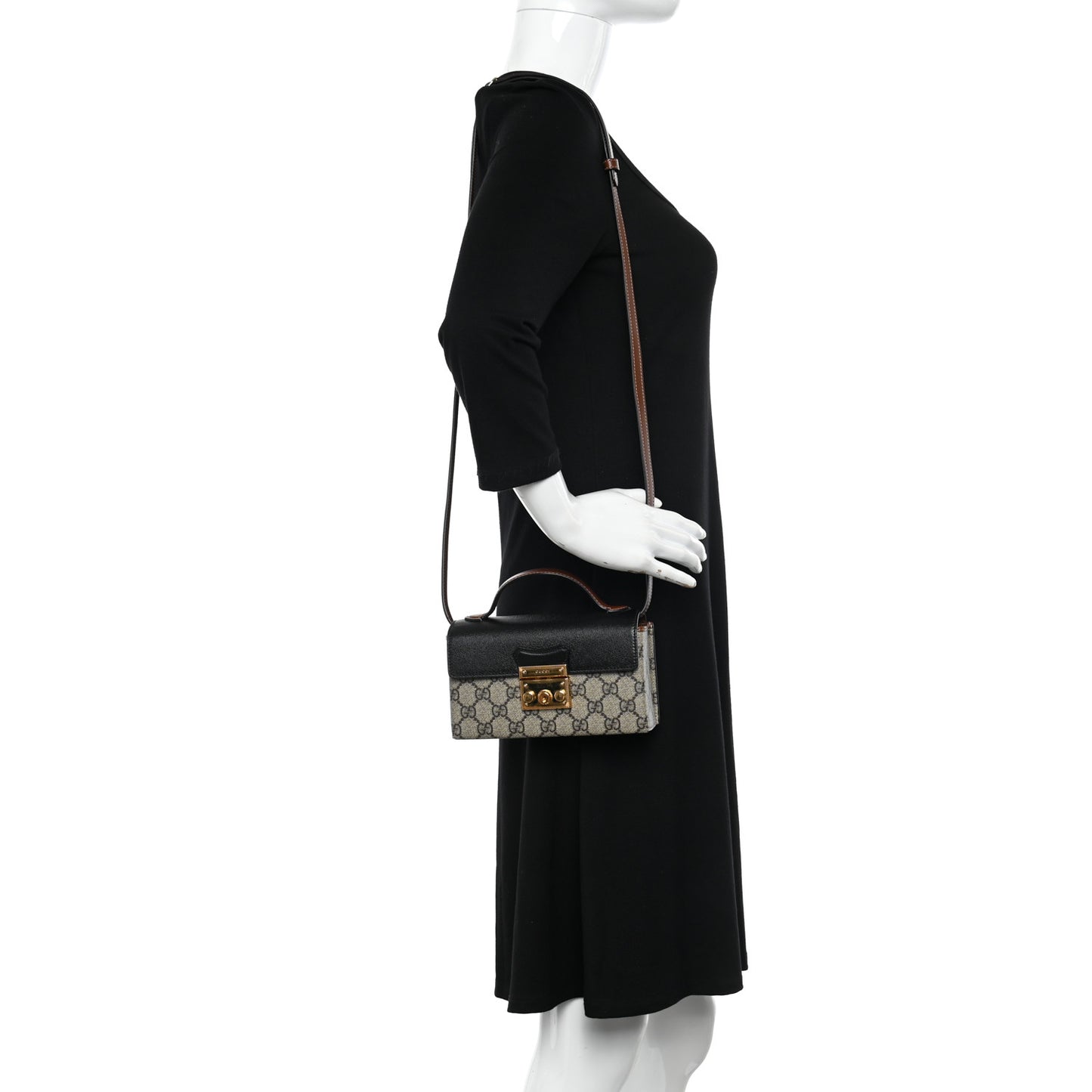 GG Supreme Monogram Calfskin Mini Padlock Top Handle Shoulder Bag Beige Black Cuir