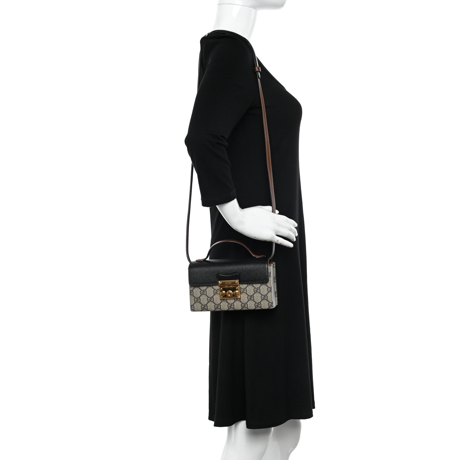 Gucci GG Supreme Monogram Calfskin Mini Padlock Top Handle Shoulder Bag Beige Black Cuir 2 of 10