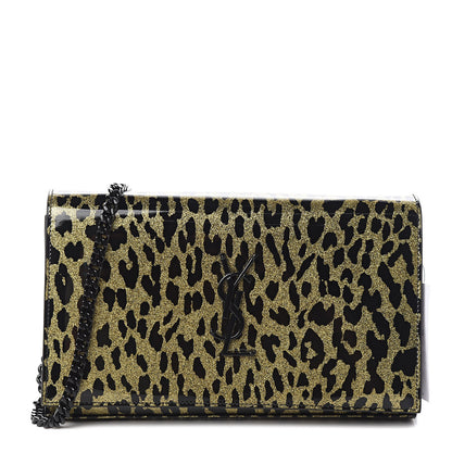Saint Laurent Patent Glitter Leopard Print Monogram Chain Wallet Leopard Black Light Gold 1 of 9