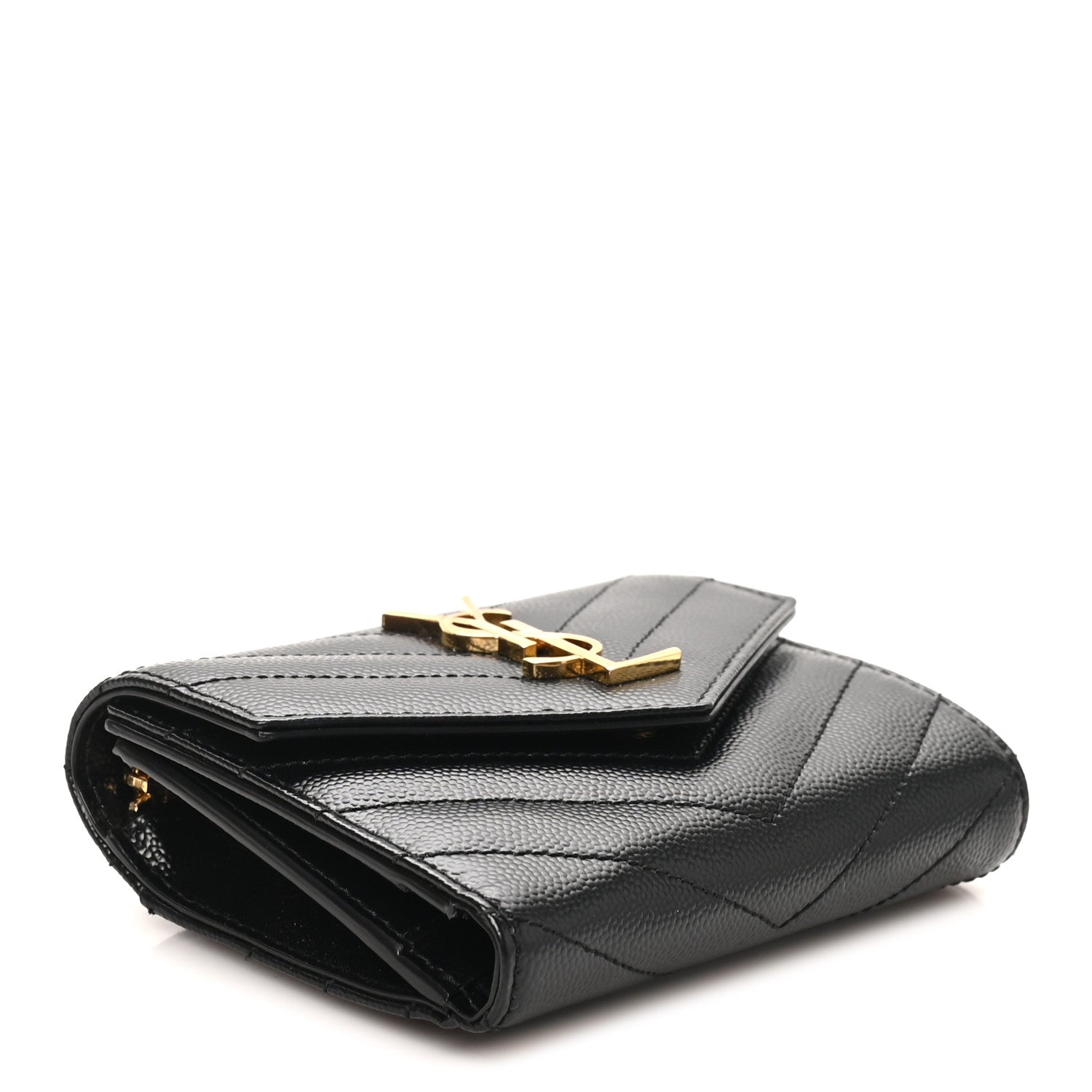 Saint Laurent Grain De Poudre Matelasse Chevron Monogram Compact Tri Fold Wallet Black 4 of 8