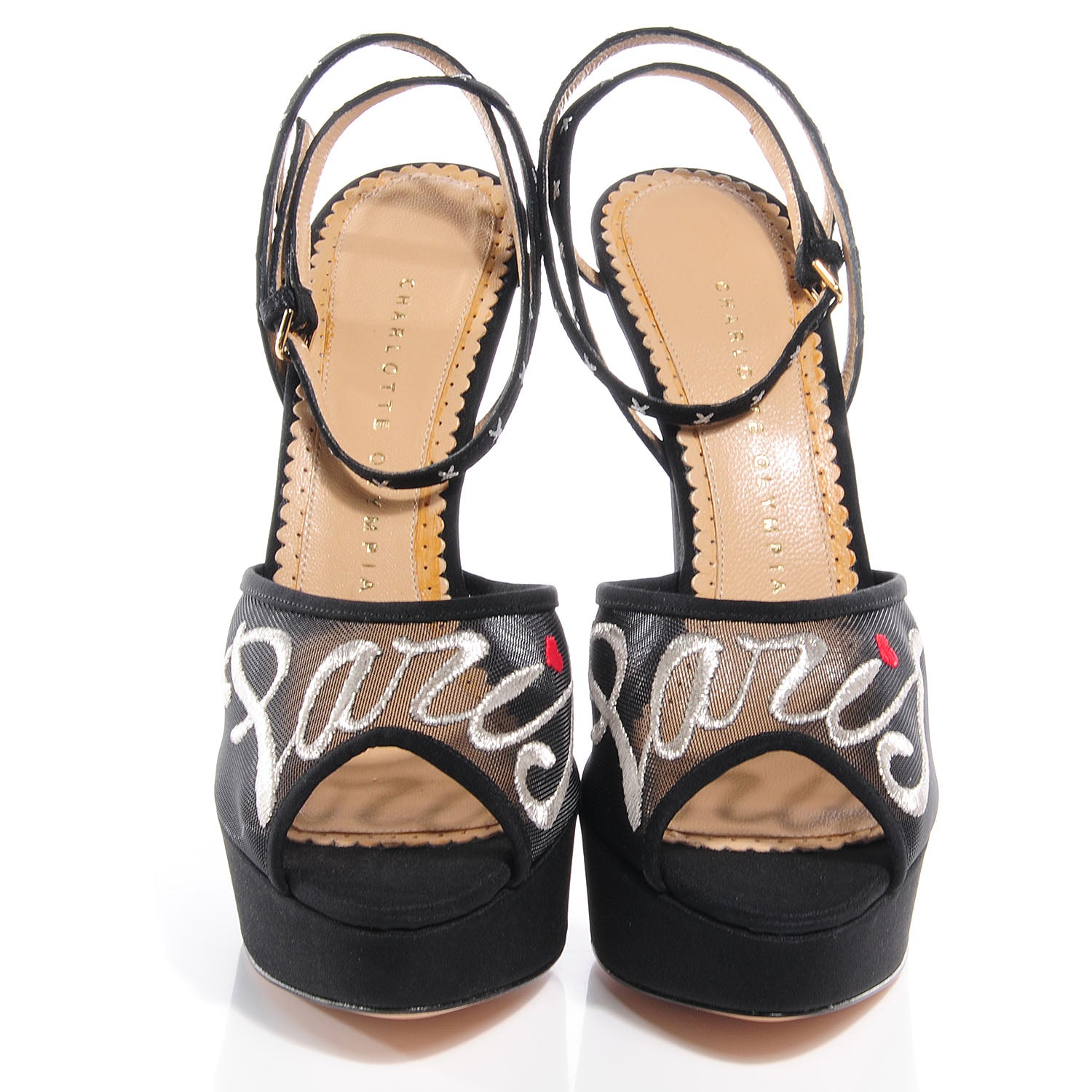 FASHIONPHILE CHARLOTTEOLYMPIACrepeSatinParisAnkleStrapPlatformSandals38Black 2 of 7