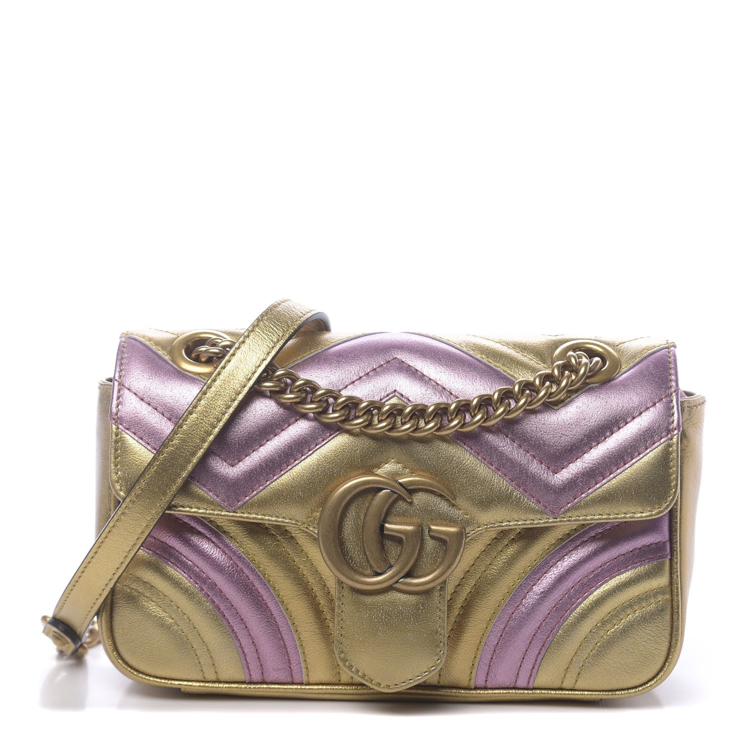 Gucci Metallic Calfskin Matelasse Mini GG Marmont Shoulder Bag Gold Pink 1 of 13