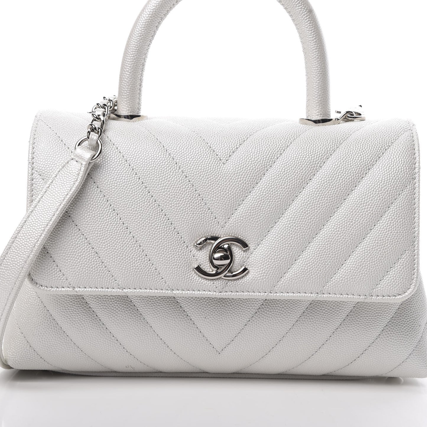 Iridescent Caviar Chevron Quilted Mini Coco Handle Flap White