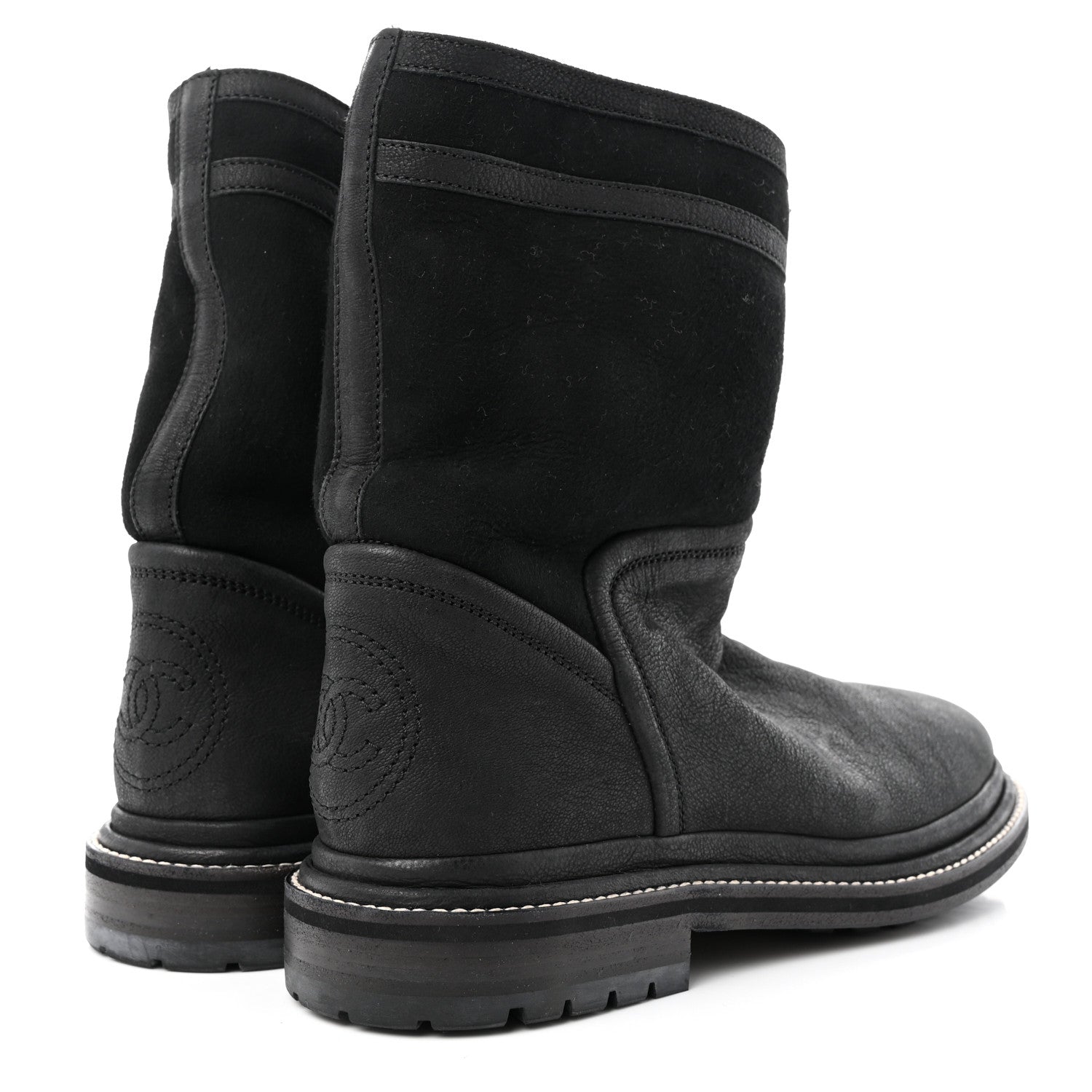 Chanel Goatskin Suede Shearling CC Short Boots 38 Black 4 of 18