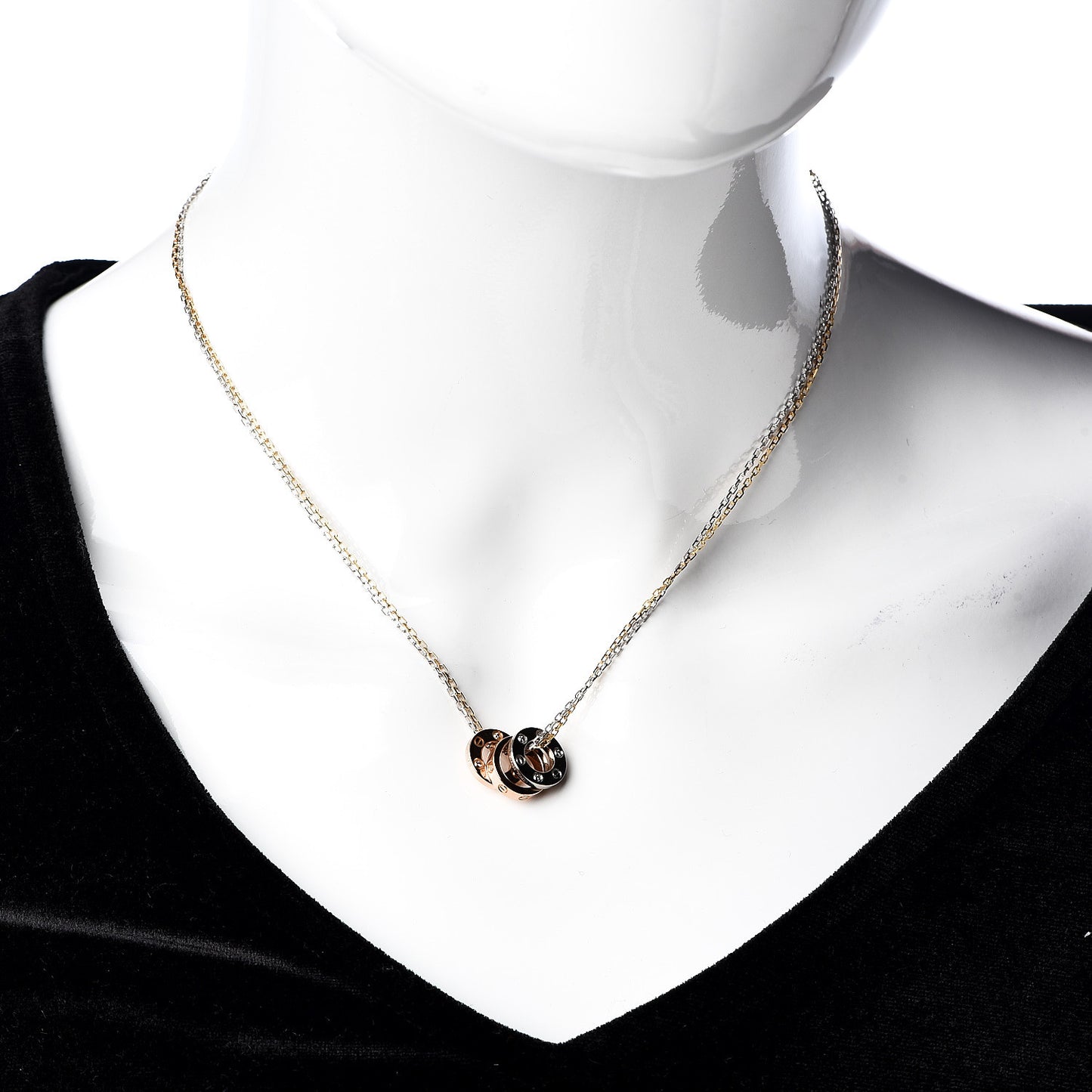 18K White Pink Gold Diamond Three Ring LOVE Pendant Necklace