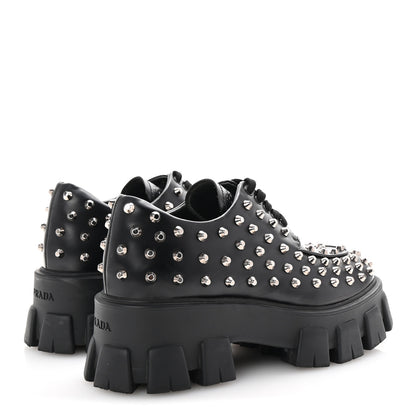 Prada Spazzolato Rois Studded Lace Up Monolith 55mm Derby Loafers 38 Black 5 of 9