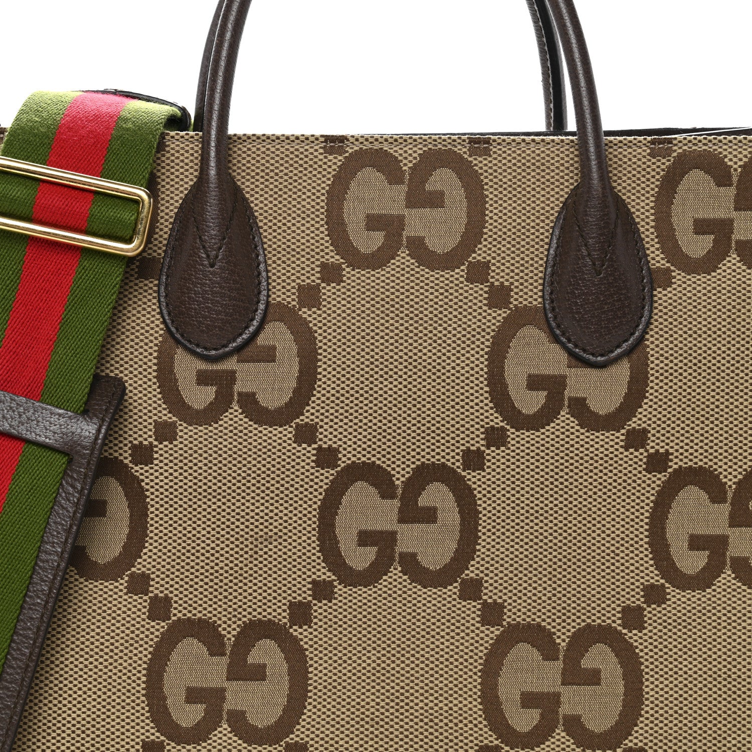 Gucci Monogram Jumbo GG Textured Dollar Calfskin Web Small Tote Bag Camel Ebony New Acero 8 of 20