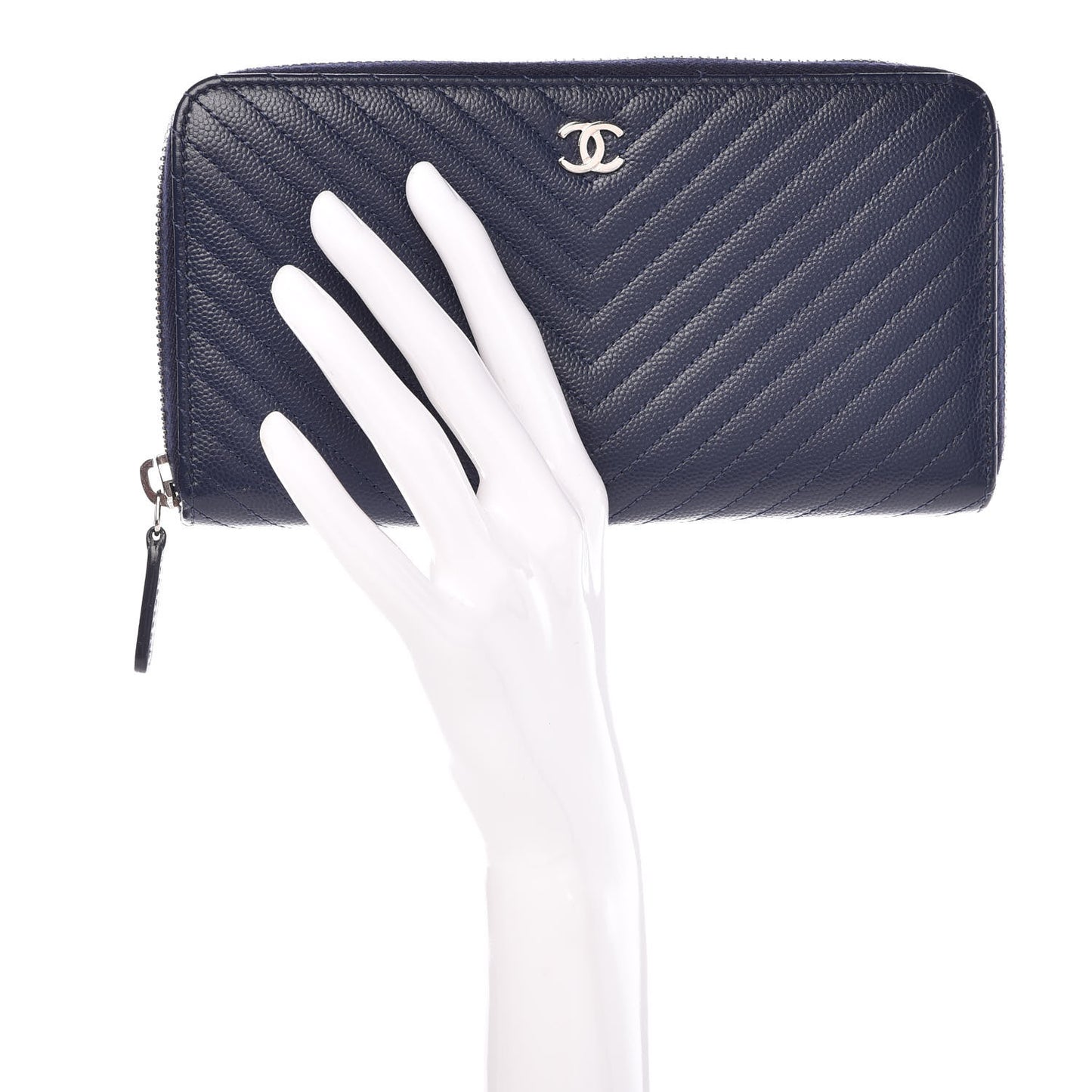 Caviar Chevron Quilted Large Gusset Zip Around Wallet Navy