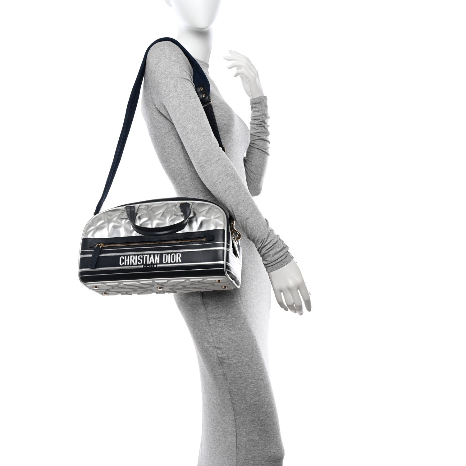 Christian Dior Padded Etoile Calfskin Embossed Medium Dior Vibe Zip Bowling Bag Silver Black 2 of 17