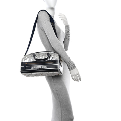 Christian Dior Padded Etoile Calfskin Embossed Medium Dior Vibe Zip Bowling Bag Silver Black 2 of 17