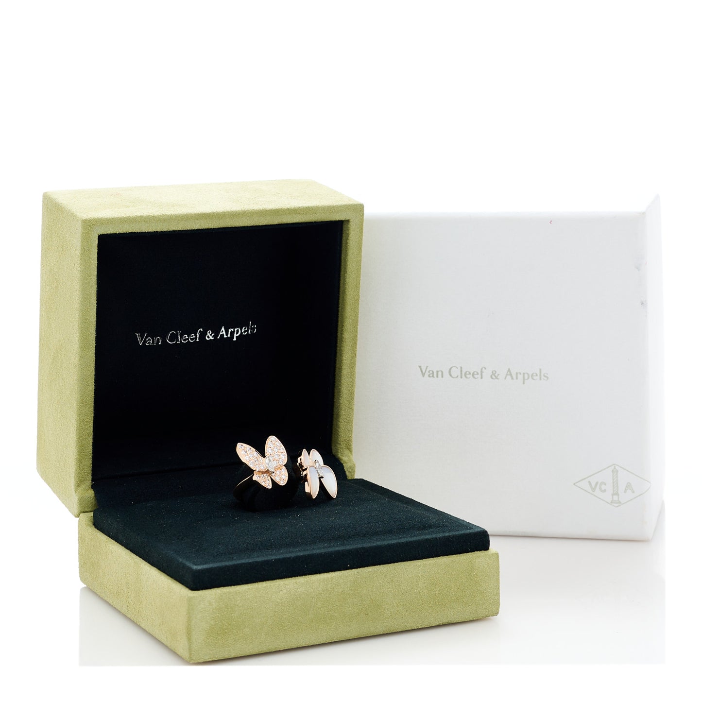 18K Rose Gold Diamond Mother of Pearl Two Butterfly Between The Finger Ring 53 6.5