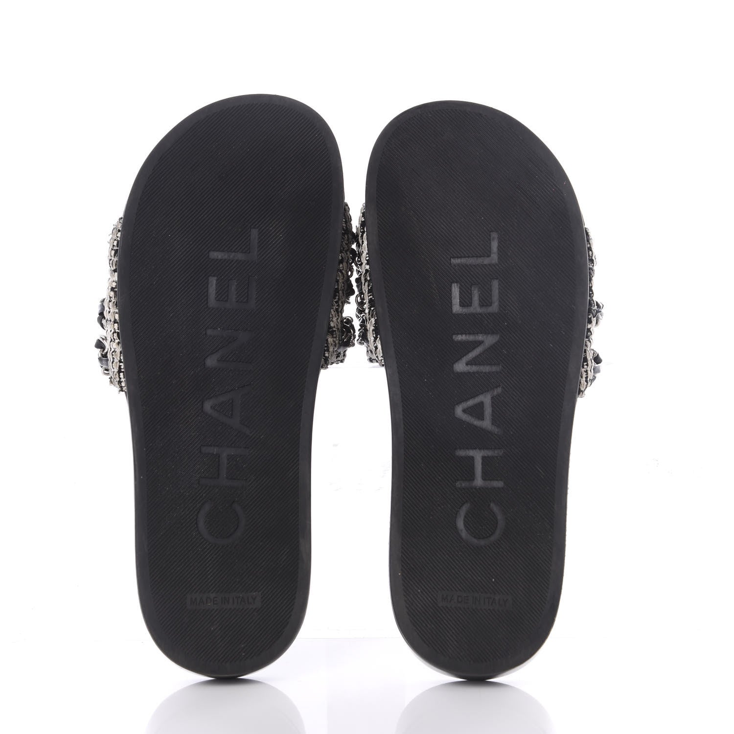Chanel Tweed Lambskin Chain Flat Sandals 37 White Black 6 of 14