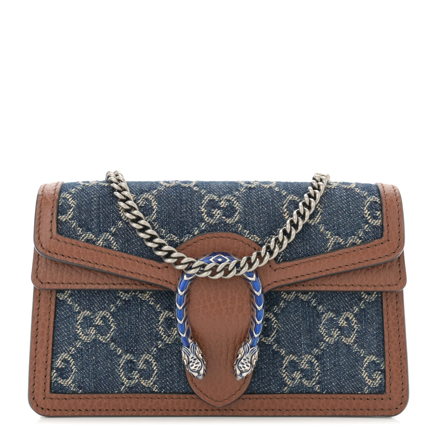New Denim GG Monogram Dollar Calfskin Enamel Super Mini Dionysus Shoulder Bag Blue Tea Cuir Epilog Electric Blue