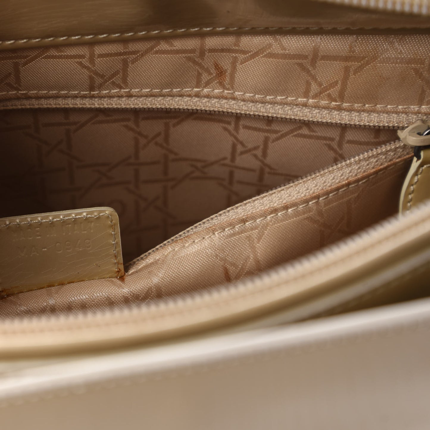 Patent Chrome Beaded Malice Tote Beige