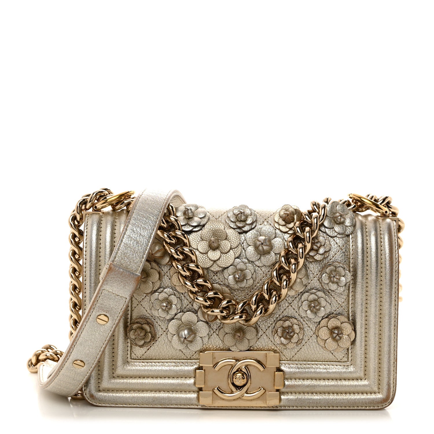 Chanel Metallic Calfskin Quilted Camellia Small Boy Flap Gold 1 of 18