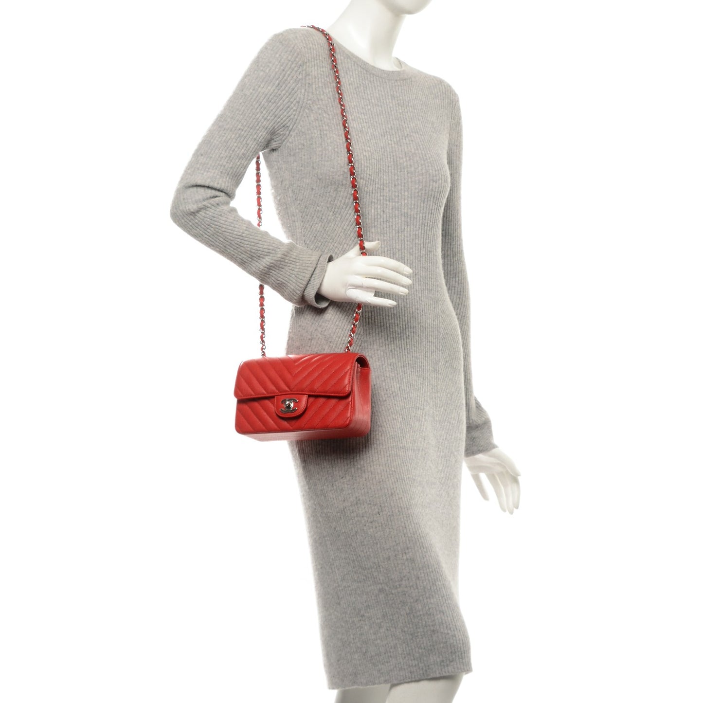 Caviar Chevron Quilted Mini Rectangular Flap Red