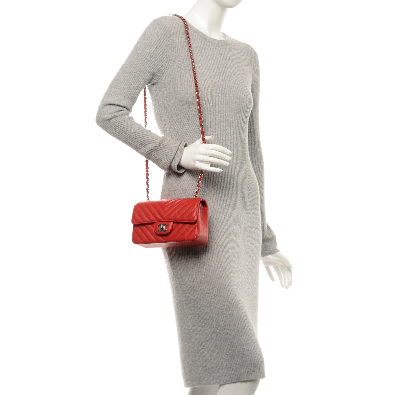 Chanel Caviar Chevron Quilted Mini Rectangular Flap Red 2 of 8