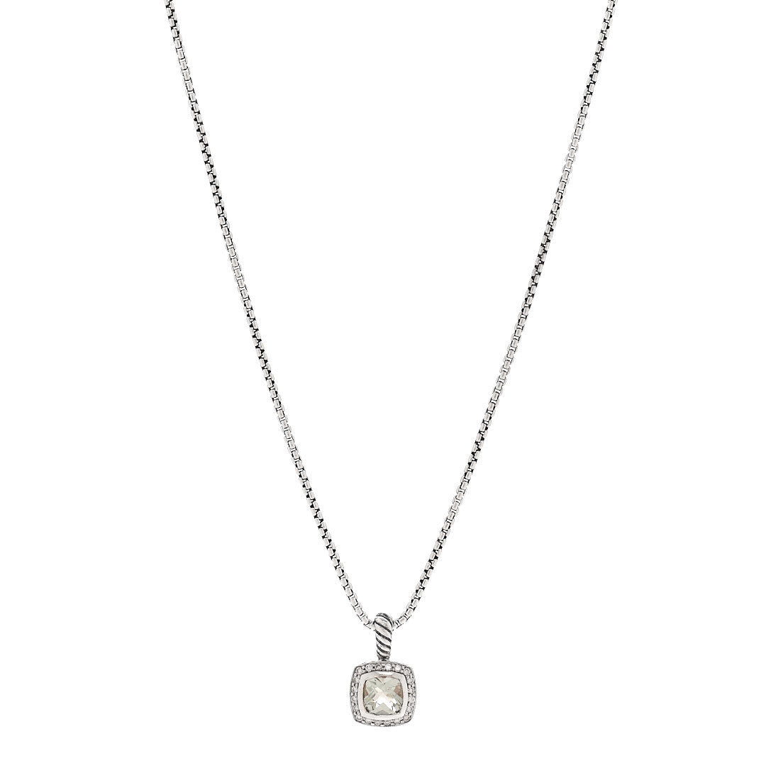 David Yurman Sterling Silver Diamond Prasiolite 7mm Petite Albion Pendant Necklace 1 of 5