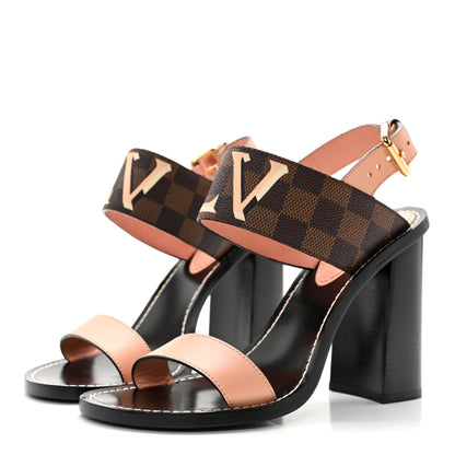 Louis Vuitton Calfskin Damier Ebene Passenger Heeled Sandals 38 Venus Pink 3 of 10