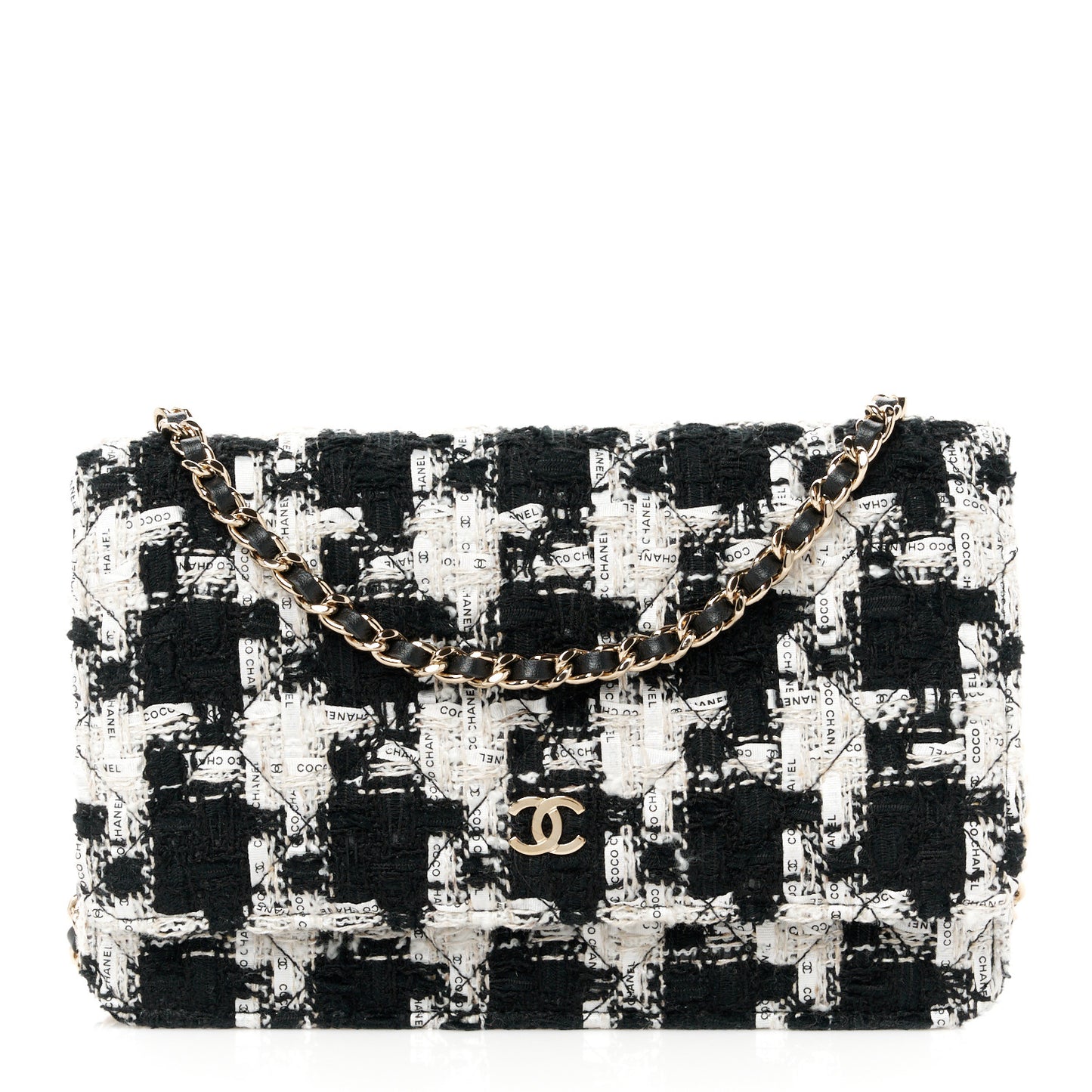Tweed Quilted Wallet On Chain WOC Black Ecru White