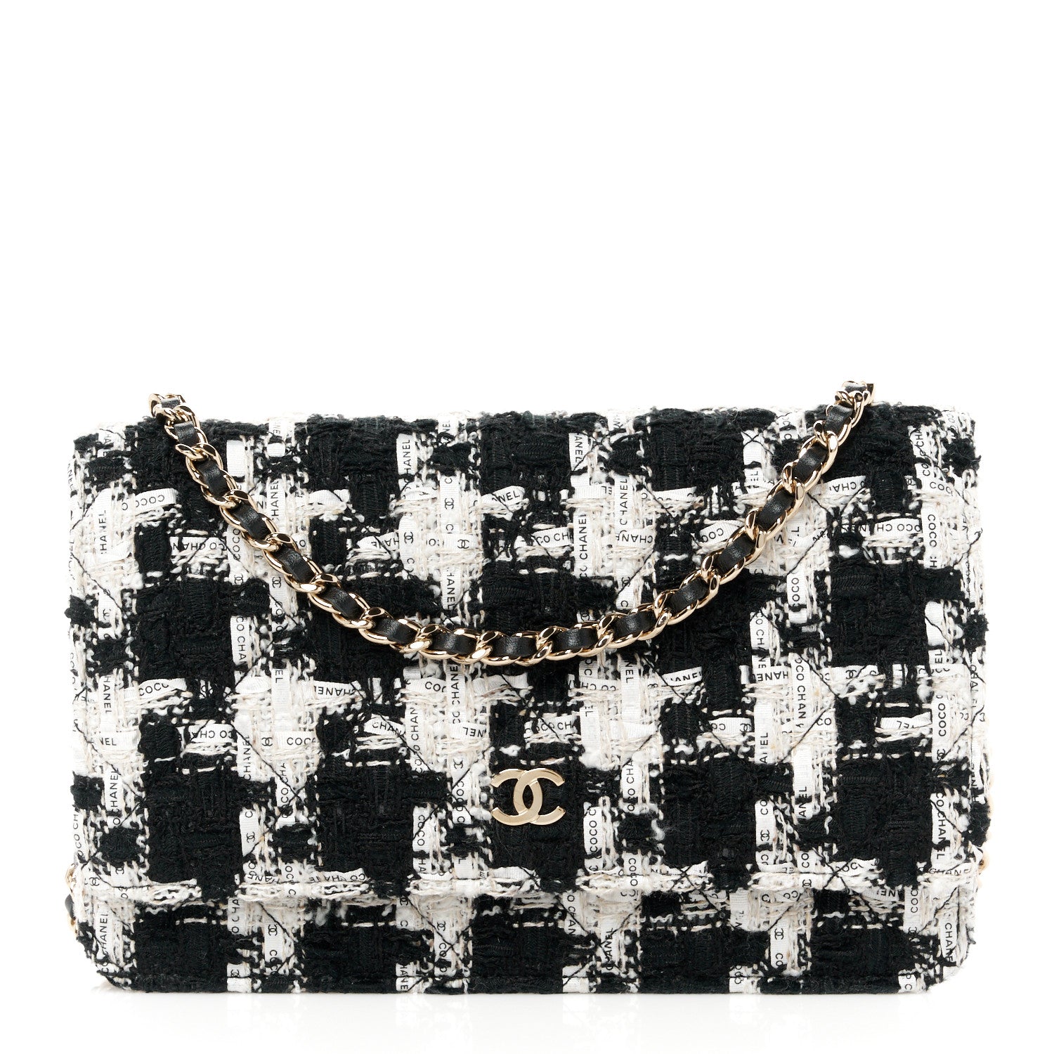 Chanel Tweed Quilted Wallet On Chain WOC Black Ecru White 1 of 11
