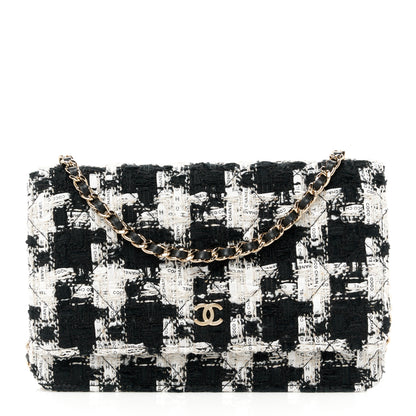 Chanel Tweed Quilted Wallet On Chain WOC Black Ecru White 1 of 11