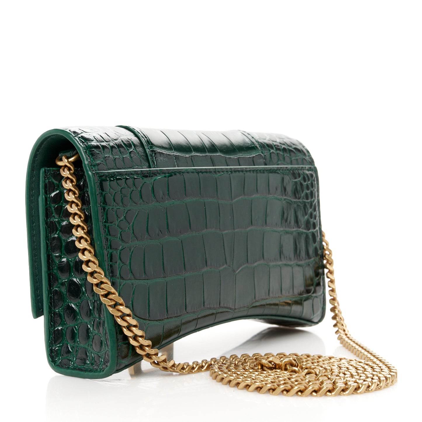 Shiny Calfskin Crocodile Embossed Hourglass Chain Bag Forest Green