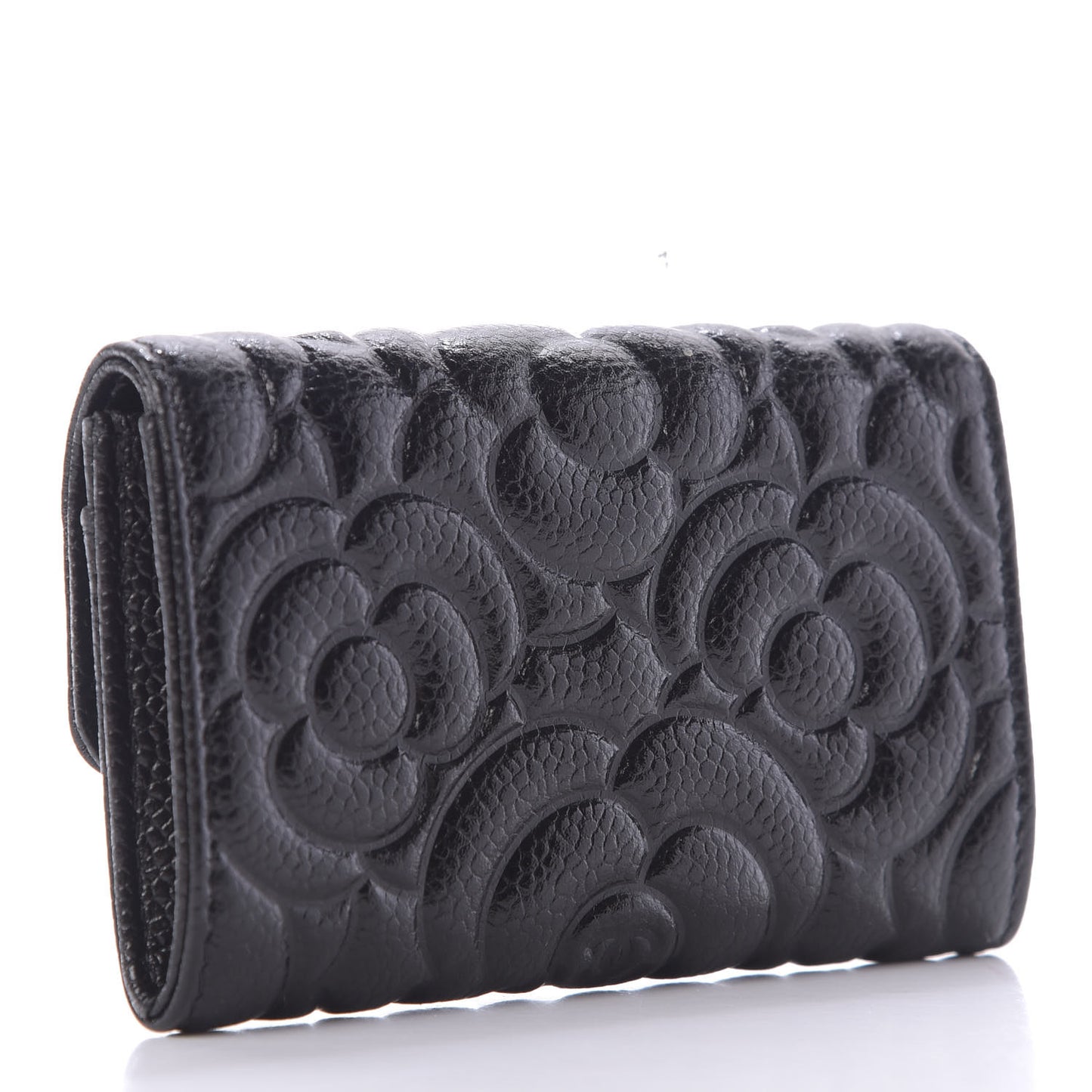 Caviar Camellia Embossed Card Holder Wallet Black