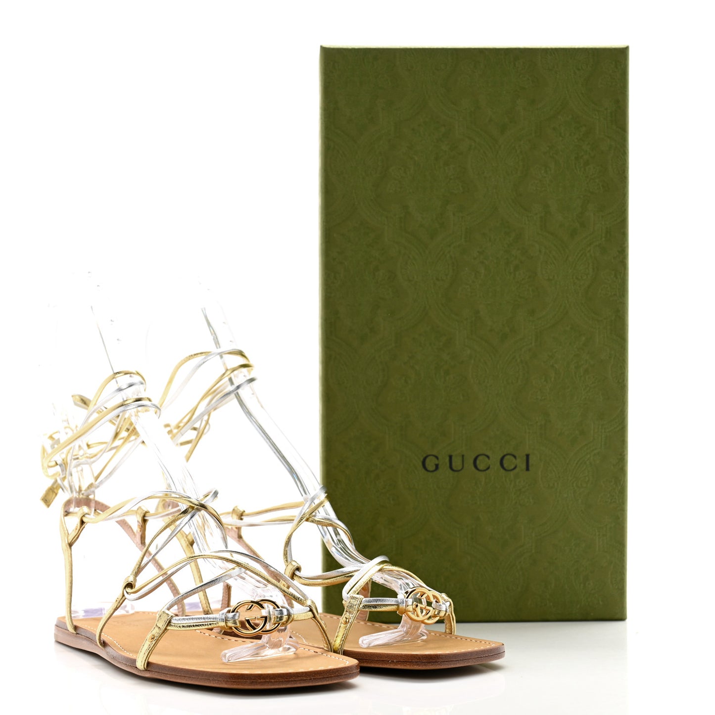 Metallic Nappa Silk Lace Up Gladiator Flat Sandals 36 Platino